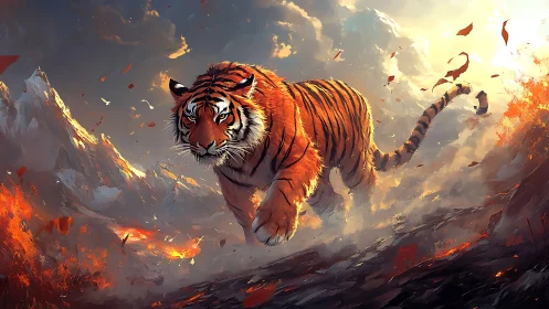 Firestride tiger surges through storm-lit volcanic wilds.