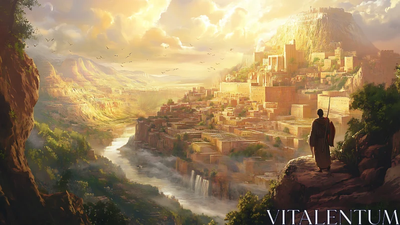 Golden citadel above cascading river in sunrise mist.