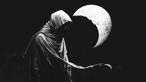 Lunar-eclipsed hooded silhouette in high contrast chiaroscuro.