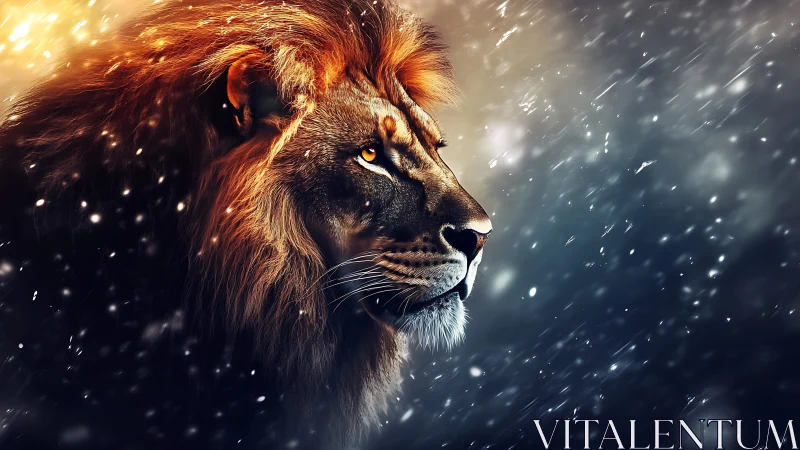 Profile view of lion in snow with contrasting light effects.