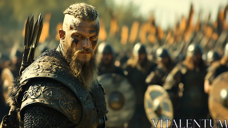 Cinematic warrior portrait in shallow-depth battlefield staging.