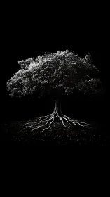 Isolated tree and exposed roots form symmetrical monochrome study