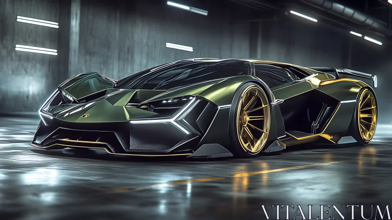 Low-angle view of metallic green supercar in garage.