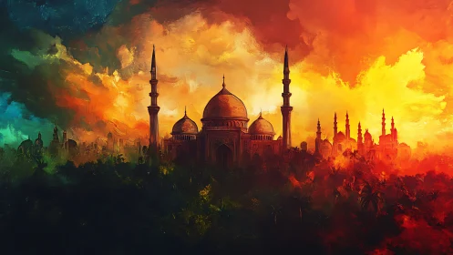 Sunlit domed mosque skyline under blazing painted sky.
