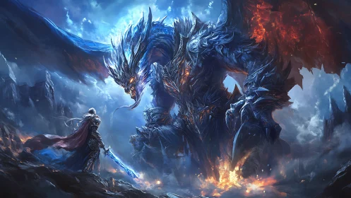 Armored knight confronts towering fire and ice dragon.