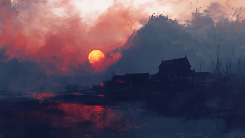 Fiery crimson sunset engulfs misty lakeside village silhouettes.