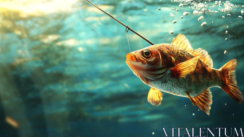 Golden fish rises toward sunlight on a bright fishing line