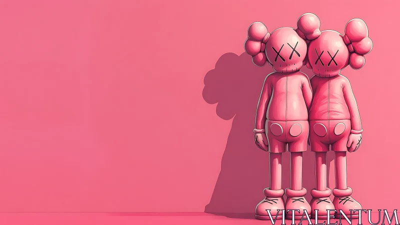 Twin bubblegum figures lean into candy-pink stillness.