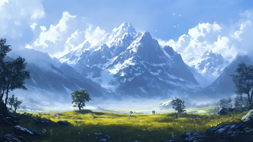 Sunlit valley meadow beneath towering snowy peaks.