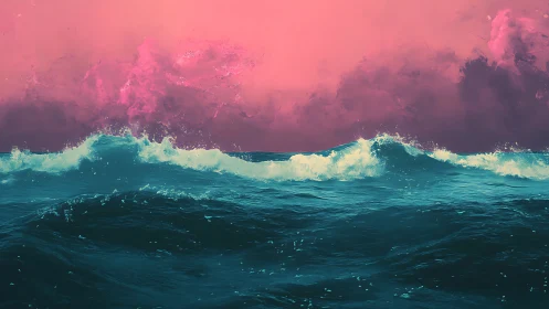 High-contrast cyan ocean waves under saturated magenta cloudfield