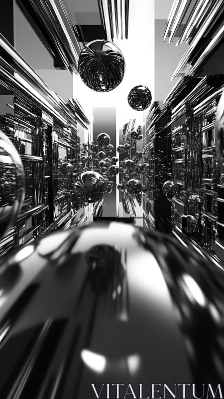 Chrome spheres drift through a liquid mirror corridor dream.