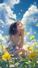 Girl in white dress seated among yellow flowers under clouds.