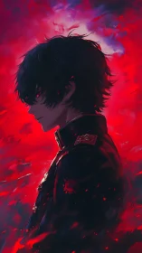 Brooding anime hero framed by swirling crimson skies.
