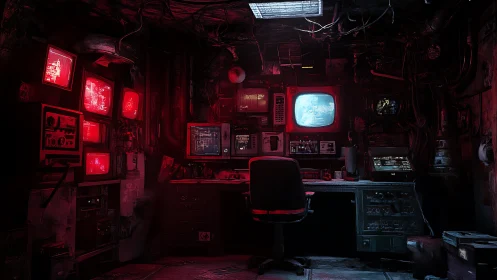 Cyberpunk surveillance bunker with retro CRT monitoring array.