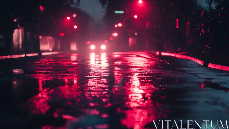 Neon rain paints a quiet city street in soft red light
