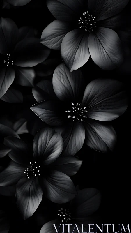 Monochromatic flower specimens arranged in layered composition against dark background.