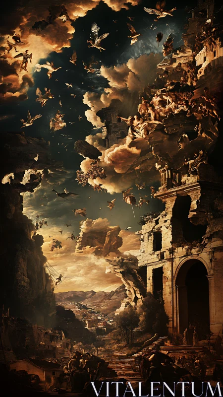 Baroque celestial battle erupts above crumbling citadel