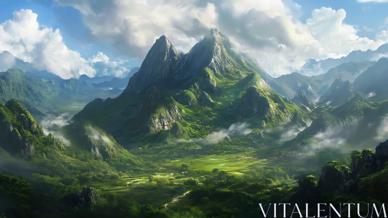 Emerald spires and drifting mists over a hidden valley kingdom.