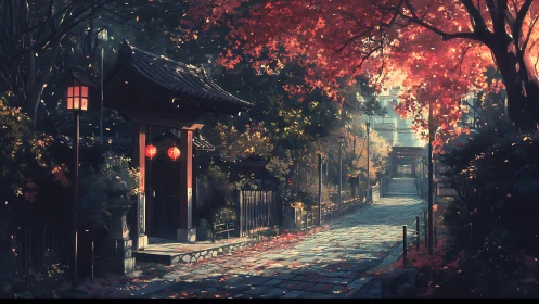 Autumn shrine lane under glowing lanterns at dusk.
