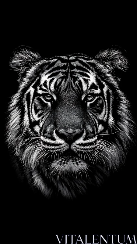 Monochrome frontal tiger portrait on uniform black background.