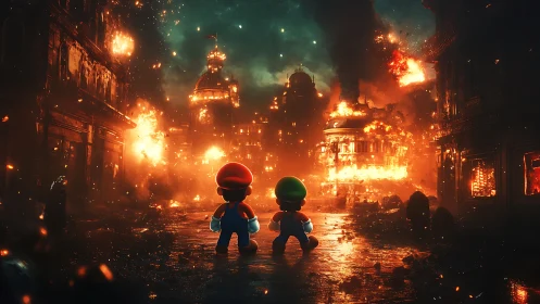 Digital painting of cartoon heroes in apocalyptic city inferno.