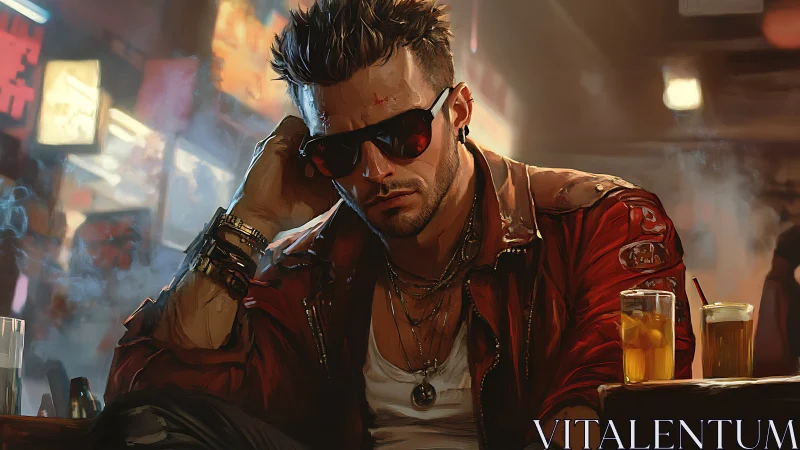 Man in red jacket sits at bar counter with drinks