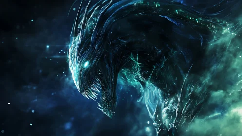 Starlit abyssal dragon emerges from cosmic stormlight.