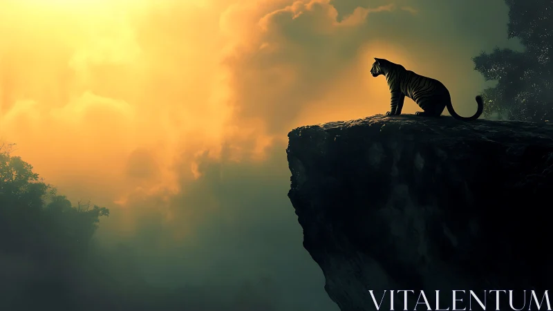Tiger Silhouette on Rocky Cliff at Sunrise.