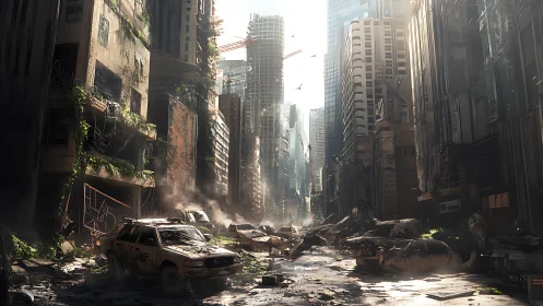 Post apocalyptic city street with ruined towers and dust.