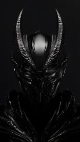 Midnight horned warrior stands cloaked in polished shadow