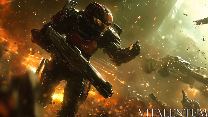 Armored sci-fi soldier advances through volumetric-lit battlefield