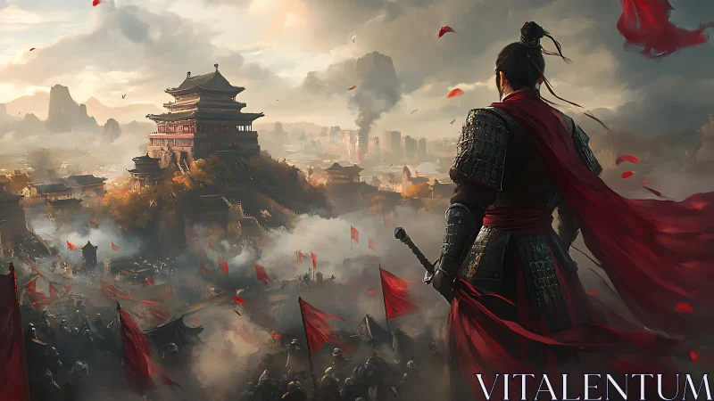 Storm of red banners swirls as a lone warrior guards the city