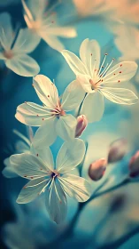 Delicate White Flowers with Prominent Stamens Against Soft Teal Bokeh.