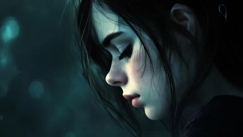 Profile view shows stylized female face rendered in cool tones