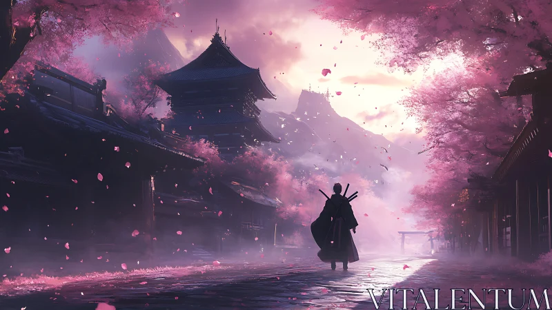 Lone samurai walks under cherry blossoms toward misty temple