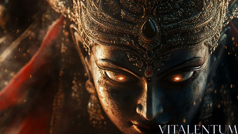 Intense closeup of ornate divine warrior face in firelight.