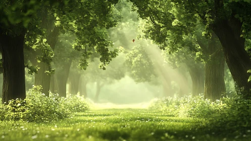 Luminous Cathedral of Ancient Trees and Radiant Mist.