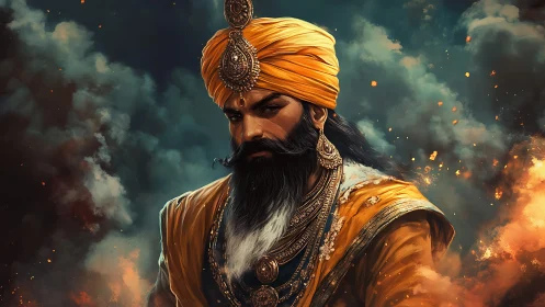 Regal Sikh warrior portrait in ornate saffron turban and armor