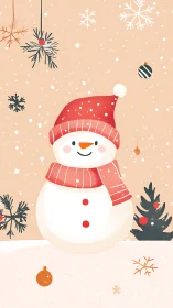 Vector snowman illustration with stylized winter ornaments.