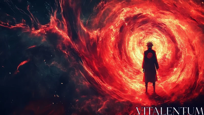 Fiery portal swirls around a lone hero ready to step through