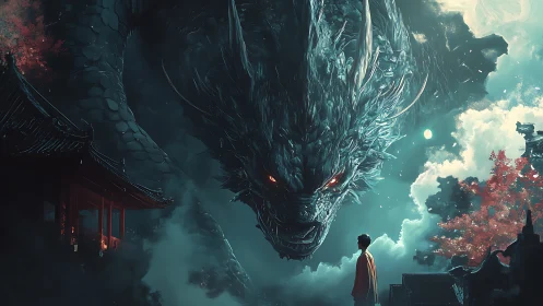 Moonlit dragon encounter beside a quiet temple skywalk.