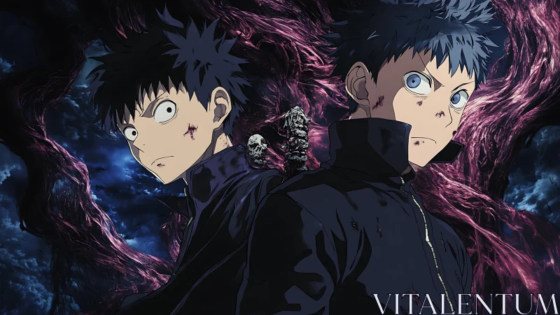 Dual cursed prodigies standing against a writhing void storm.