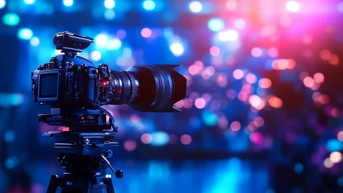 Professional camera on tripod with defocused studio lights.