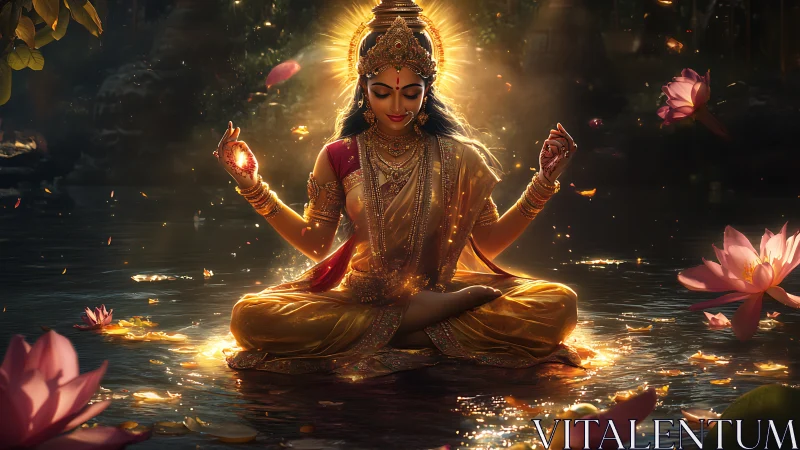 Digital painting of luminous goddess in lotus pond composition.