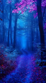 Neon Forest Path Through Blue Woodland