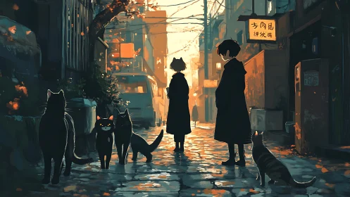 Twilight alley gathers quiet witches, cats, and embered light