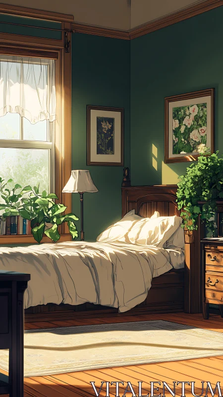 Sunlit bedroom sanctuary with plants and warm wooden accents.