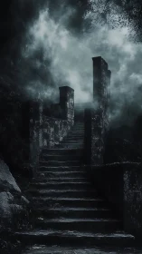 Nocturnal stone stairway ascending into dense spectral fog
