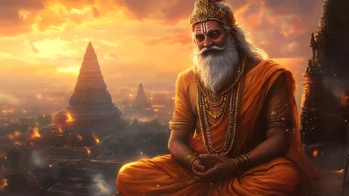 Vedic sage in blazing temple skyline at incendiary sunset.