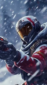 Snowbound sci fi soldier aims blaster in icy blizzard.